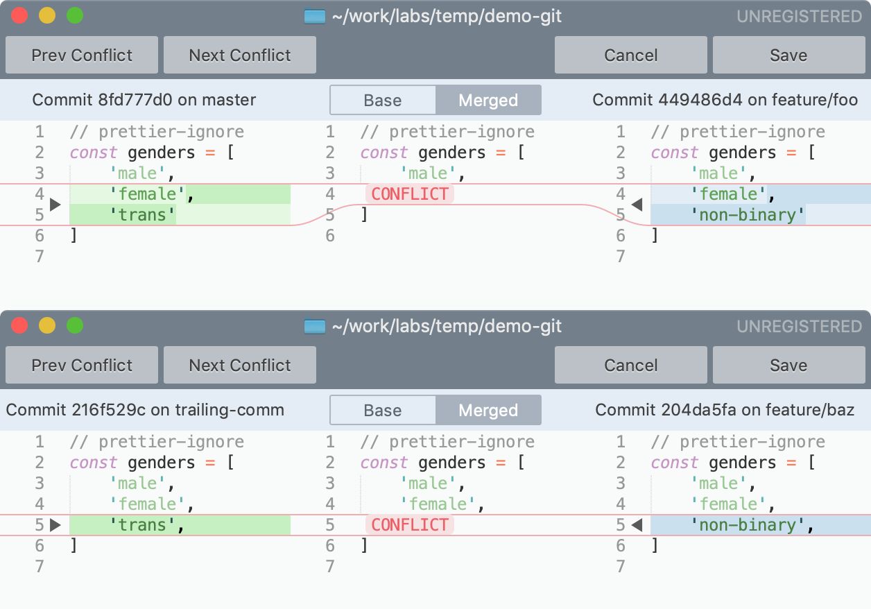 Conflict code hiển thị khi không dùng và có dùng trailing comma