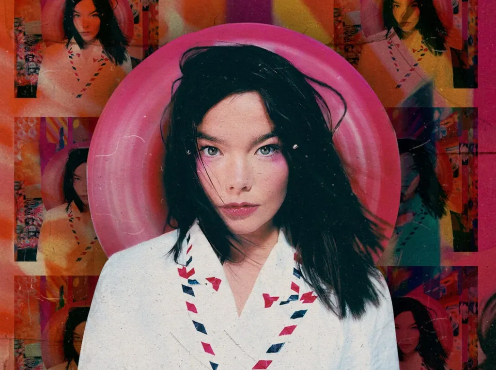 Clear studio image of Björk in stylized lighting, highlighting her avant-garde fashion and aesthetic appeal.