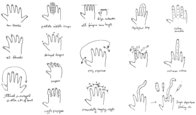 Sketches of hands possibly representing human intricacies and cell differentiation, relevant to biology or neuroscience topics.