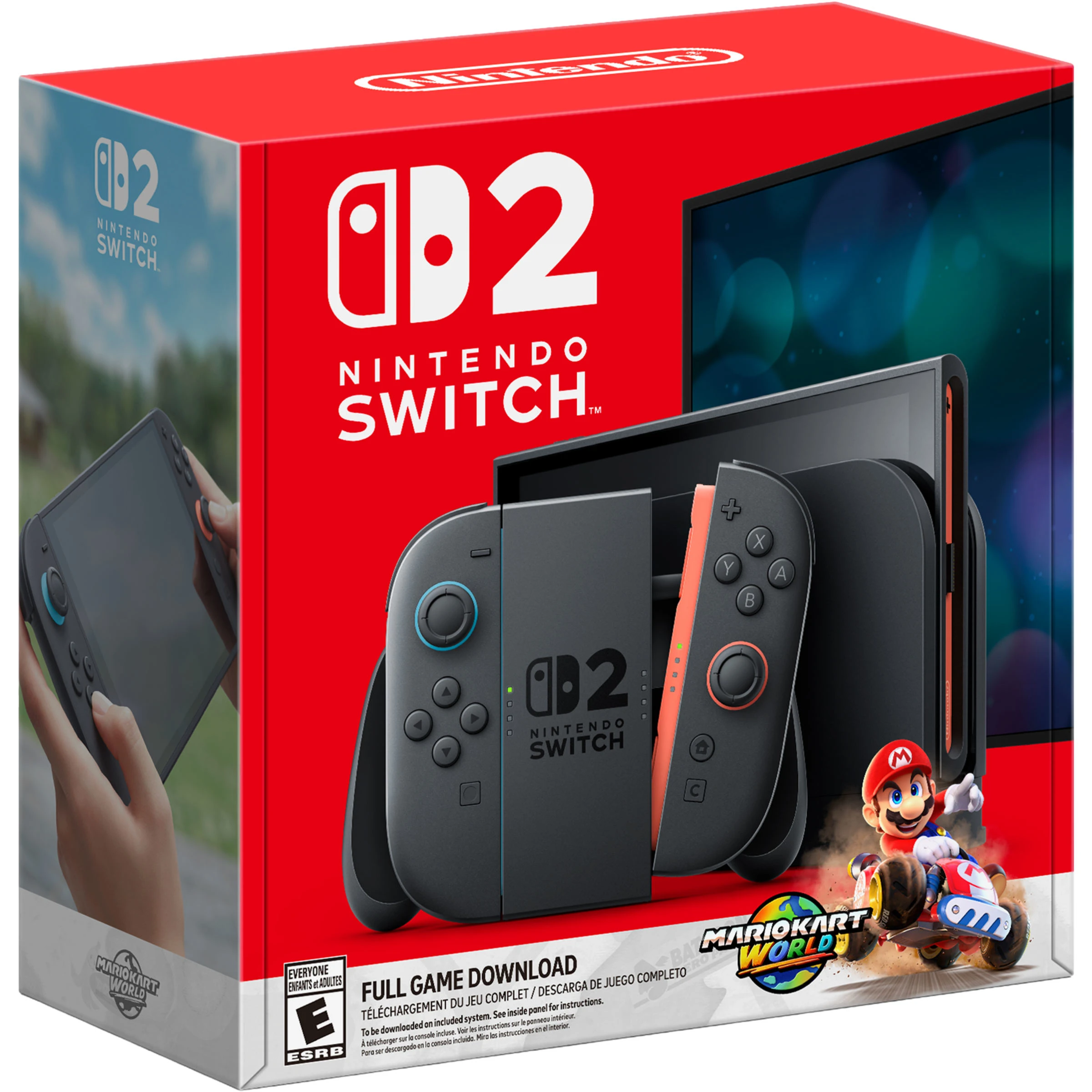High-quality front angle product image of the Nintendo Switch 2 hardware bundled with Mario Kart World, presented against a clean background.