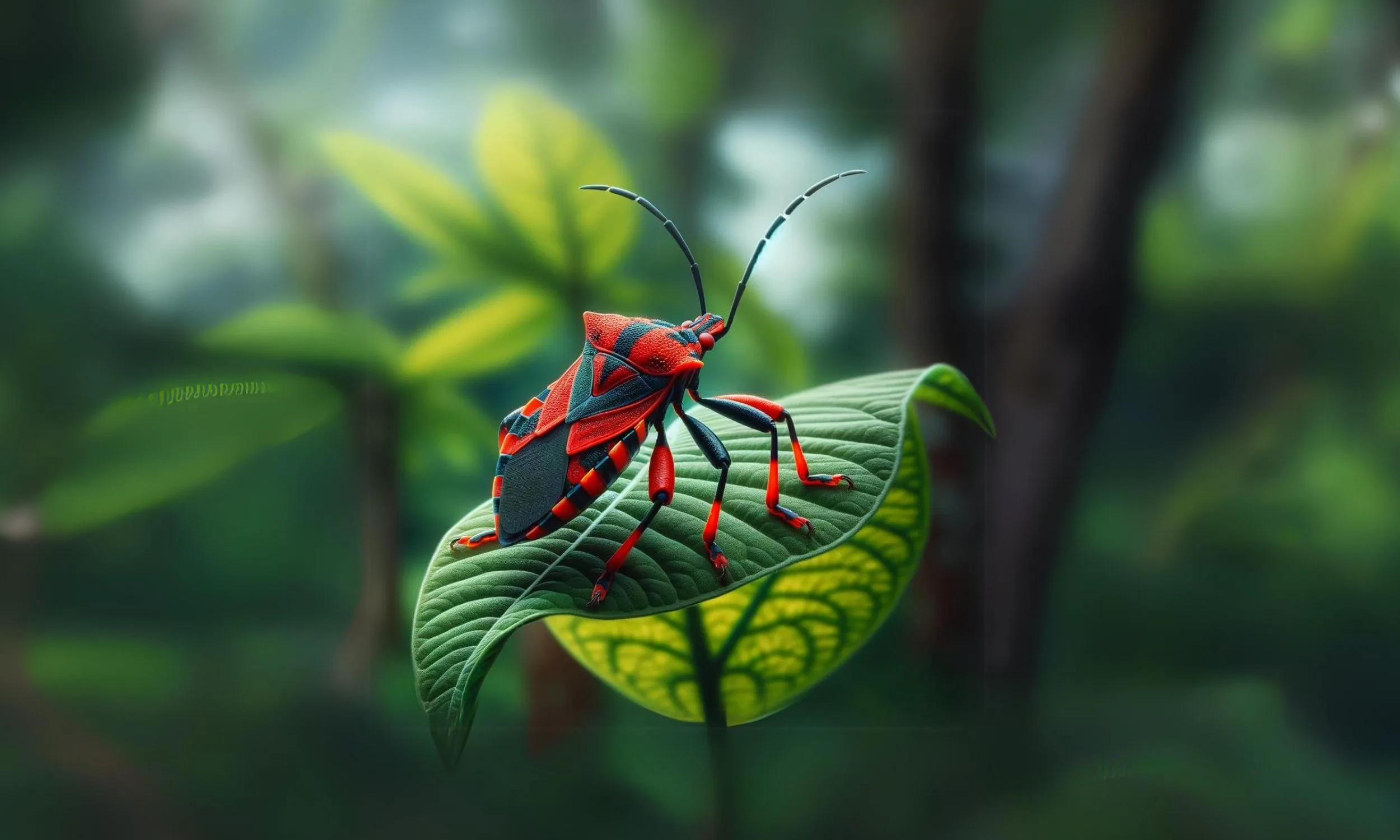 Close-up of matador bug with vividly colored legs raised in a defensive posture, visually emphasizing its warning display as a survival tactic in the wild.