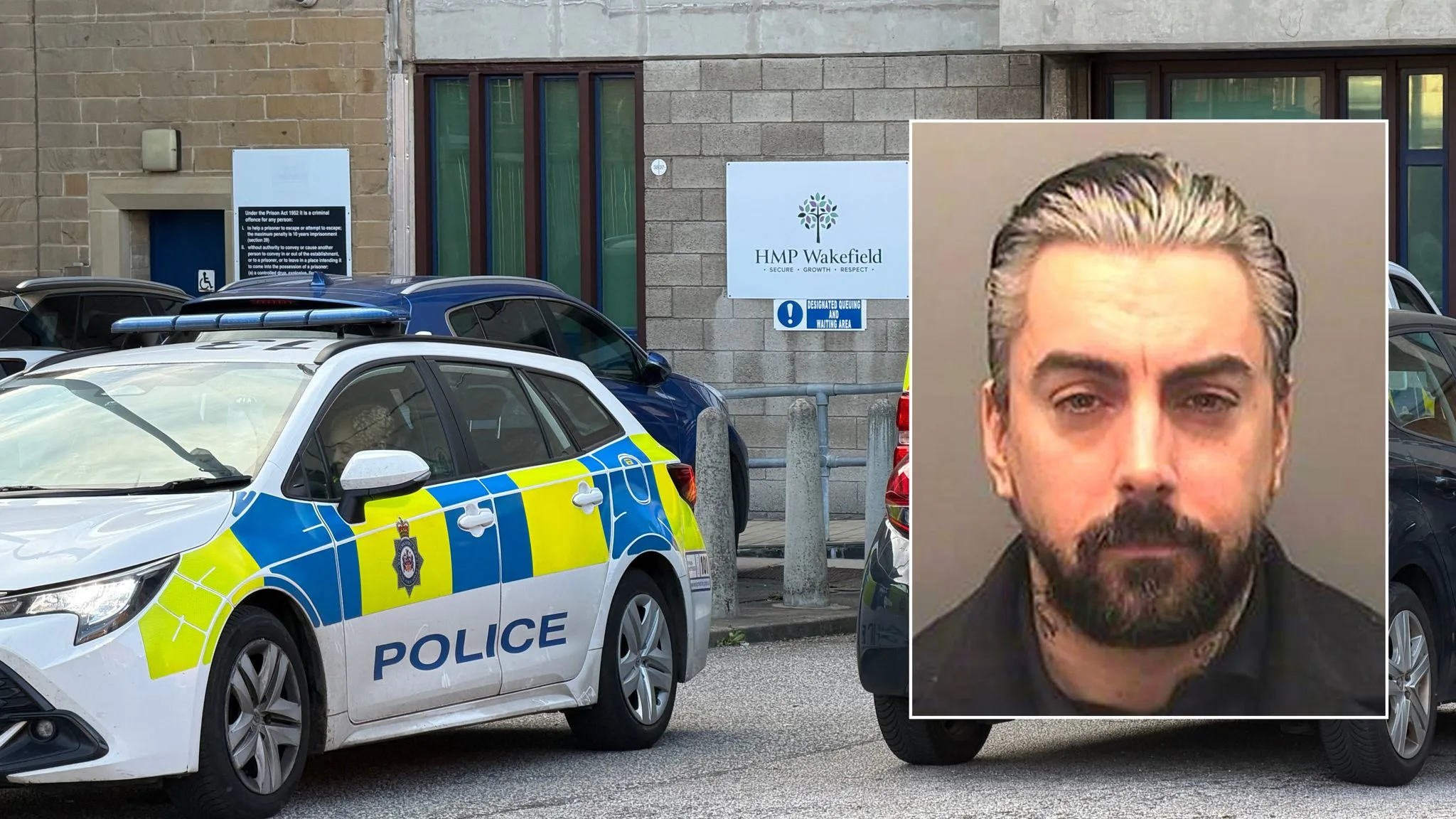 Ian Watkins escorted by law enforcement officials outside HMP Wakefield, shot in landscape orientation with high clarity.