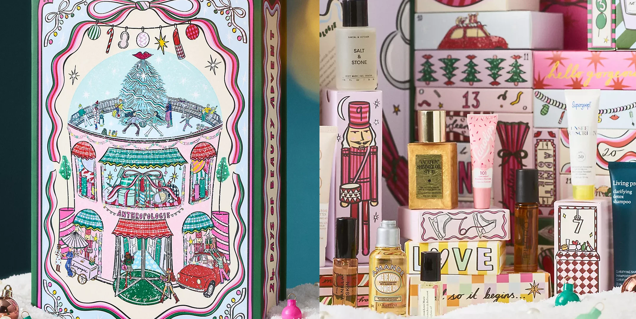 Clean product-centric image of an Anthropologie beauty advent calendar against a light background, emphasizing packaging design and product appeal.