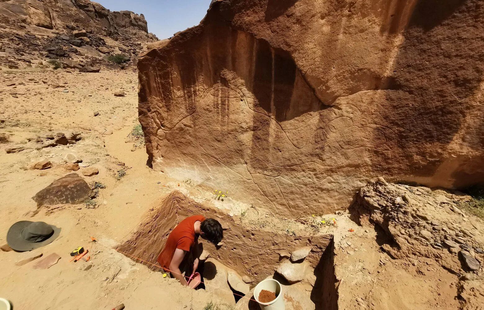 Wide-angle view of a desert landscape containing partially buried ancient carvings, providing context to the environmental setting of the rock art discovery.