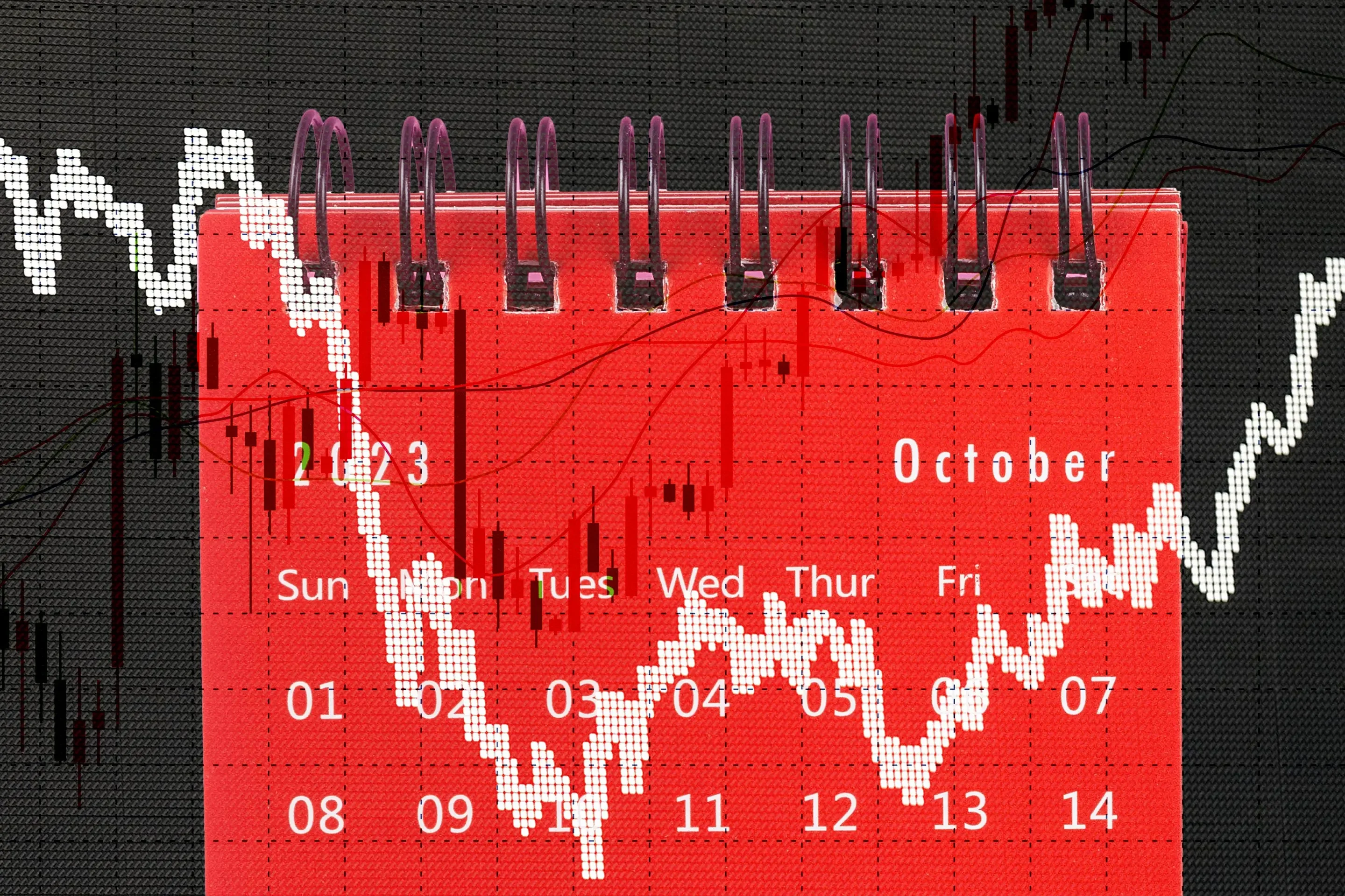 Clean and high-quality image showing a digital stock ticker displaying volatile downtrends during an October market session.