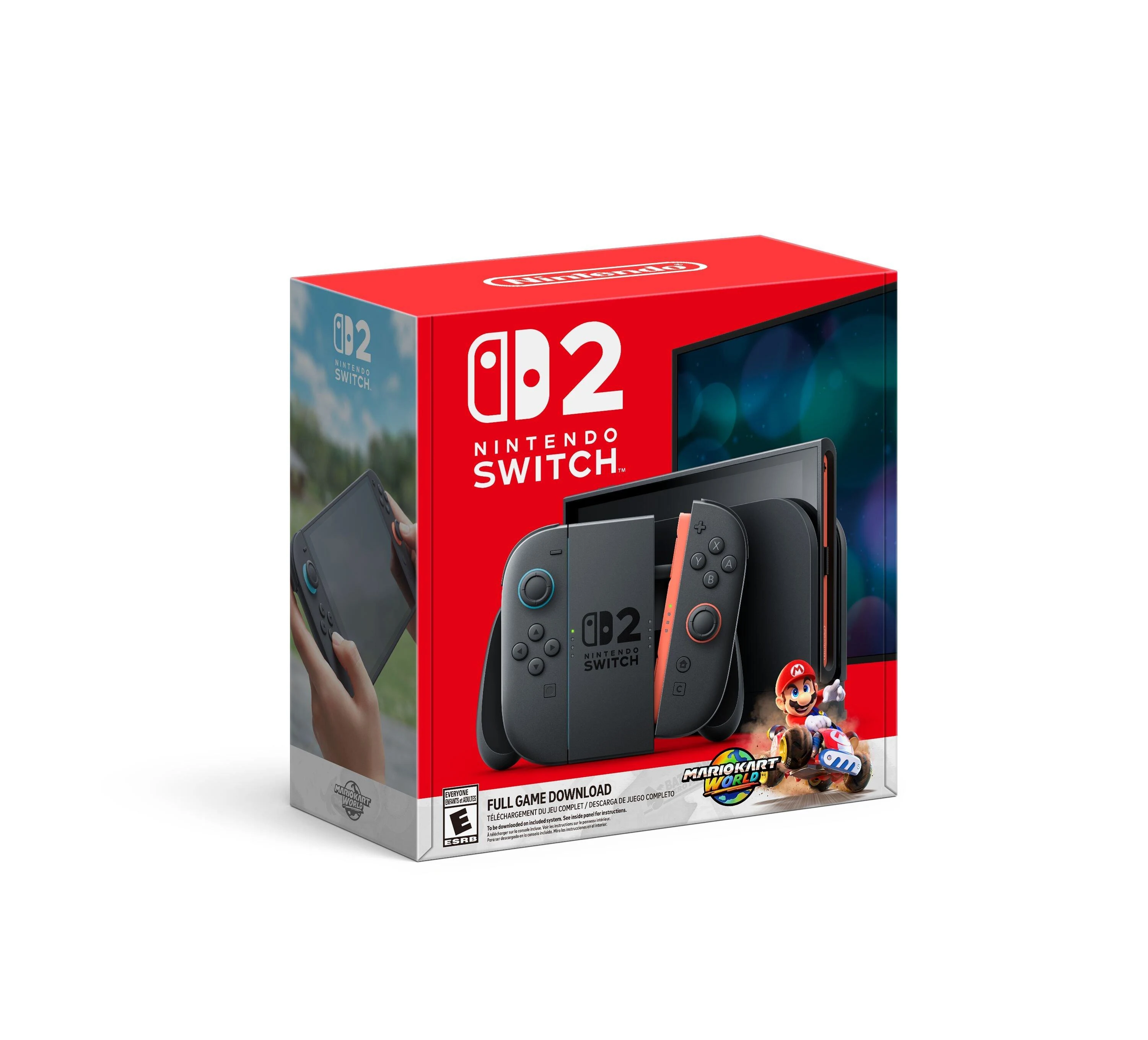 Product image of the Nintendo Switch 2 and Mario Kart World Bundle, showing console and game components clearly.