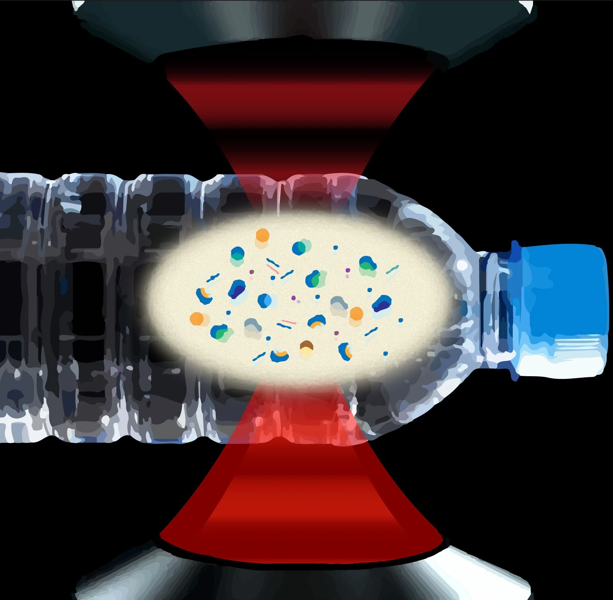 Scientific visualization highlighting the microscopic scale and abundance of nanoplastics found in water samples, relevant to recent findings.
