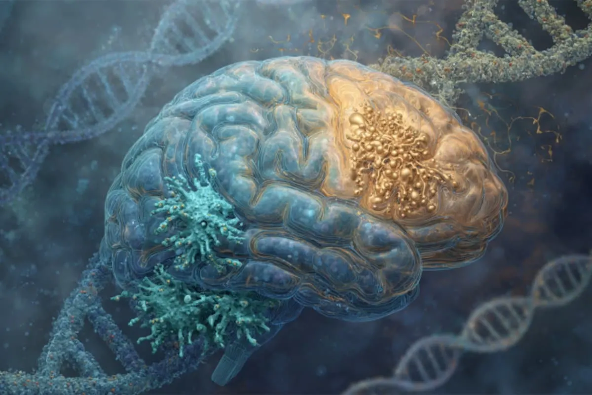 Detailed artistic visualization of neuronal structures connected to depression and genetic interactions in the brain.