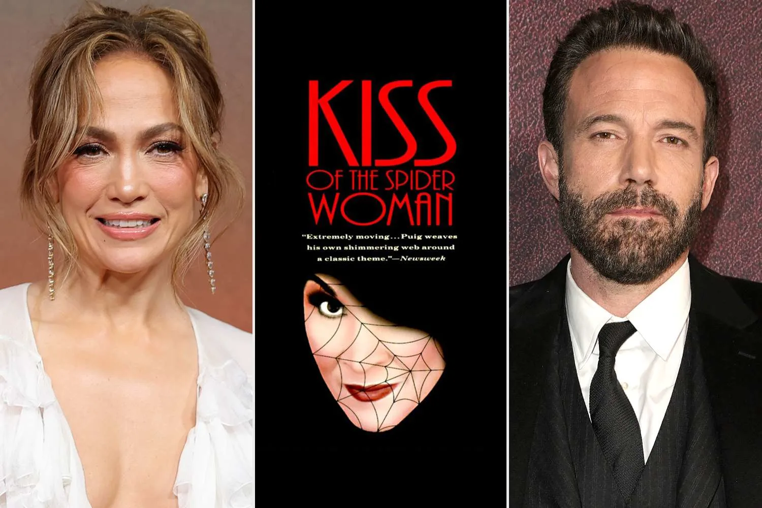 Close-up of Jennifer Lopez and Ben Affleck during a promotional event for 'Kiss of the Spider Woman', featuring strong lighting and high-definition detail.