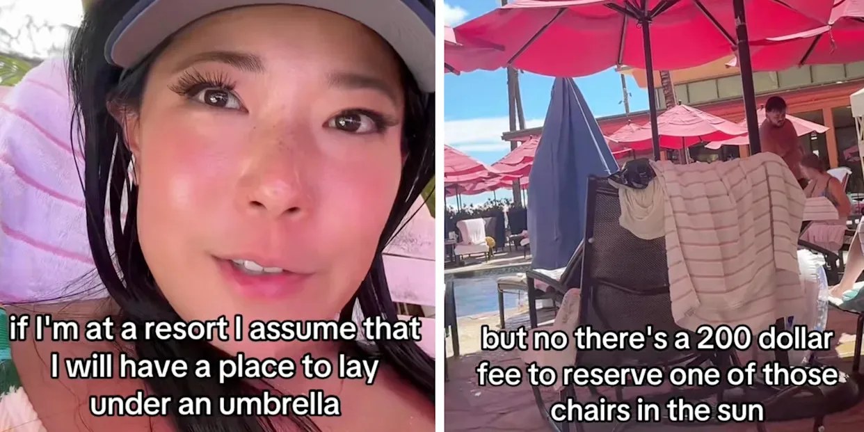 Vacationers reacting with frustration surrounded by resort signage, symbolizing customer dissatisfaction.