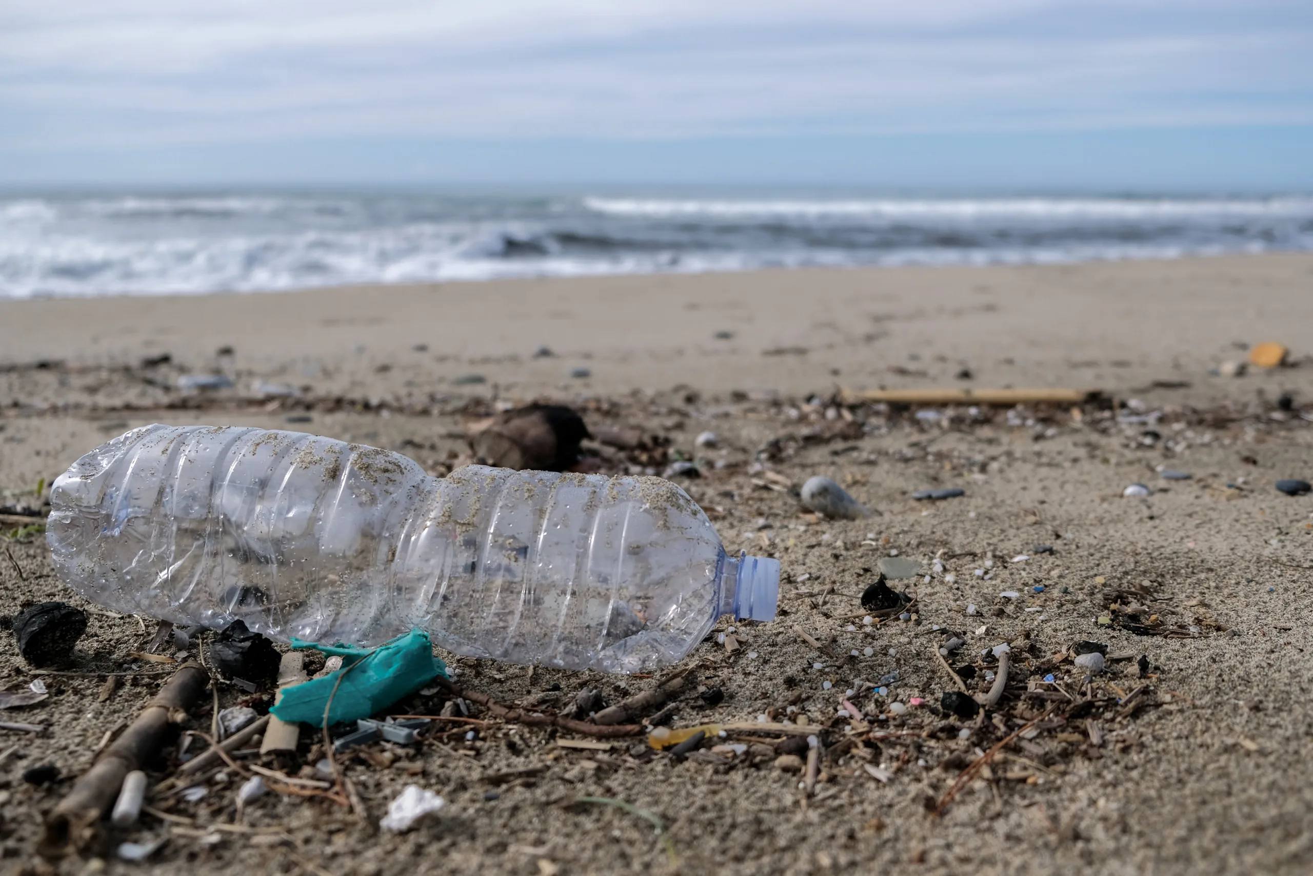 High-quality image showing a hand holding a plastic water bottle with focus on potential plastic contaminants, symbolizing microplastic pollution in bottled water.