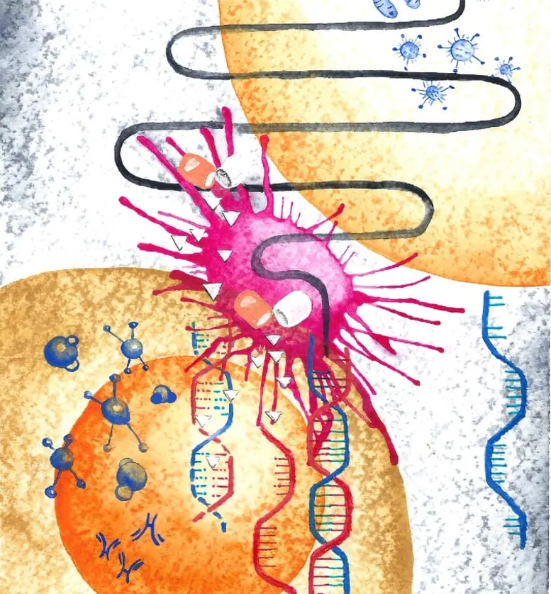 Artistic depiction of the relationship between microbes, DNA, and cancer treatment drugs, conveying the intricate interaction between microbiomes and tumors.