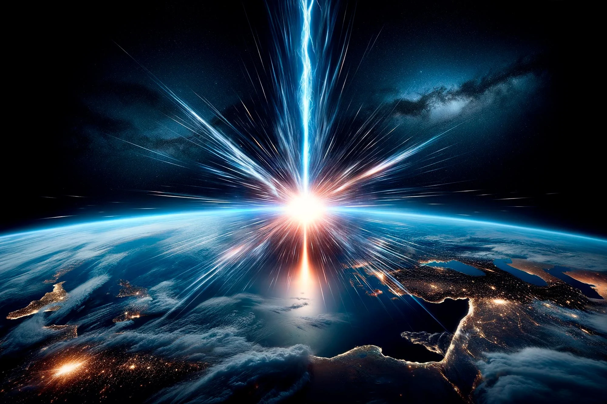 Conceptual illustration showing an intense cosmic ray from space striking Earth's atmosphere, often associated with powerful astronomical events like black hole winds.