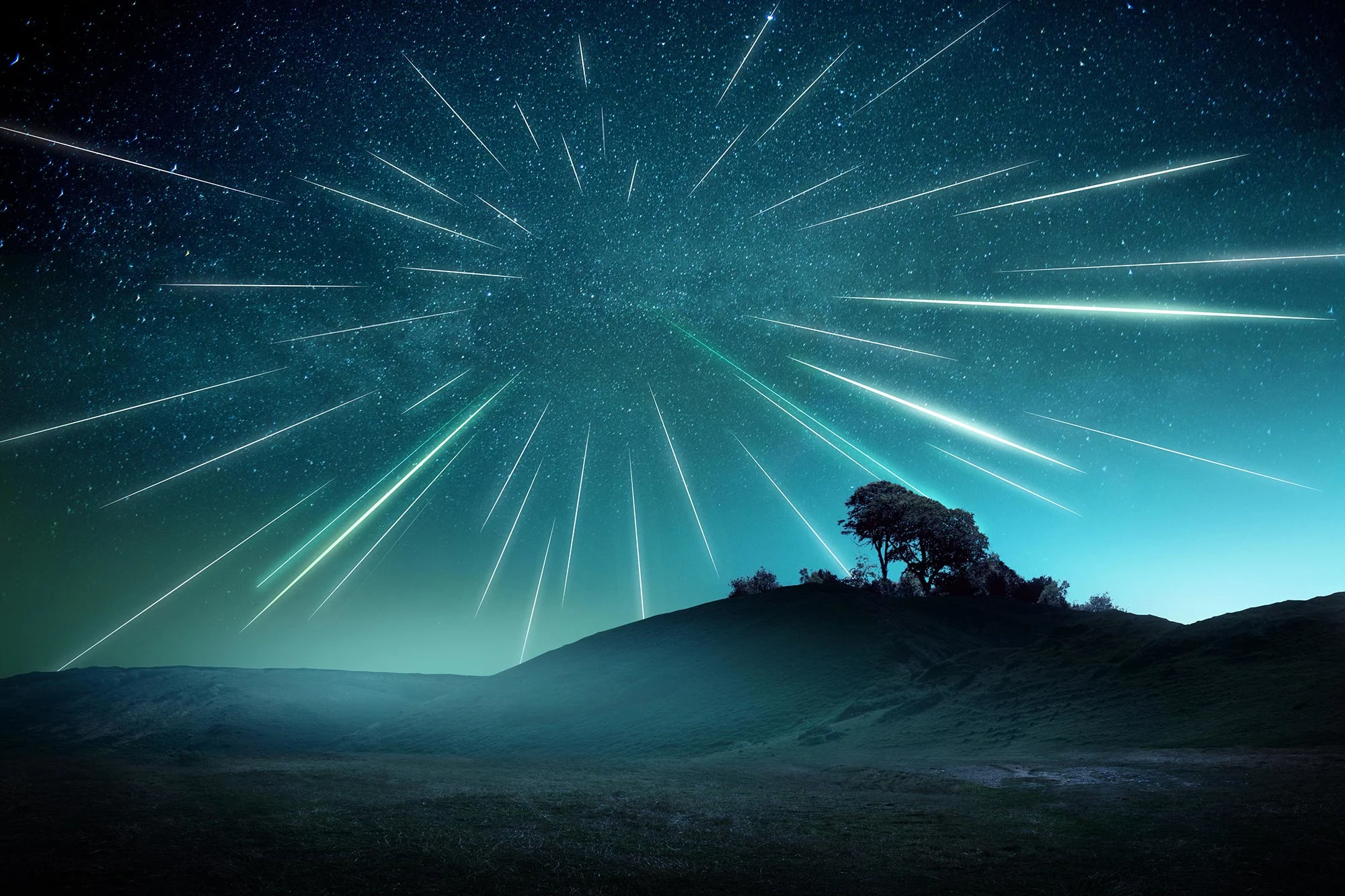Artistic depiction of meteors streaking through the night sky over a silhouetted landscape, capturing the wonder of a celestial event.