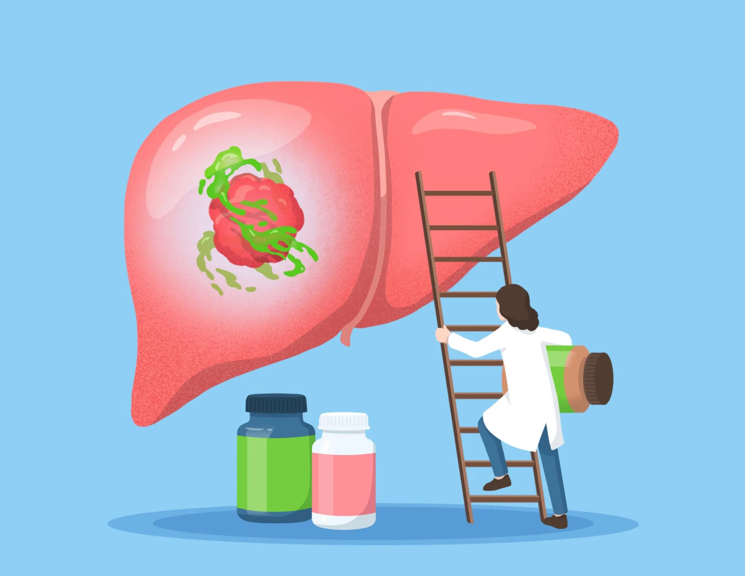 Illustration of a scientist examining liver supplements, symbolizing research on liver health and treatment applications.