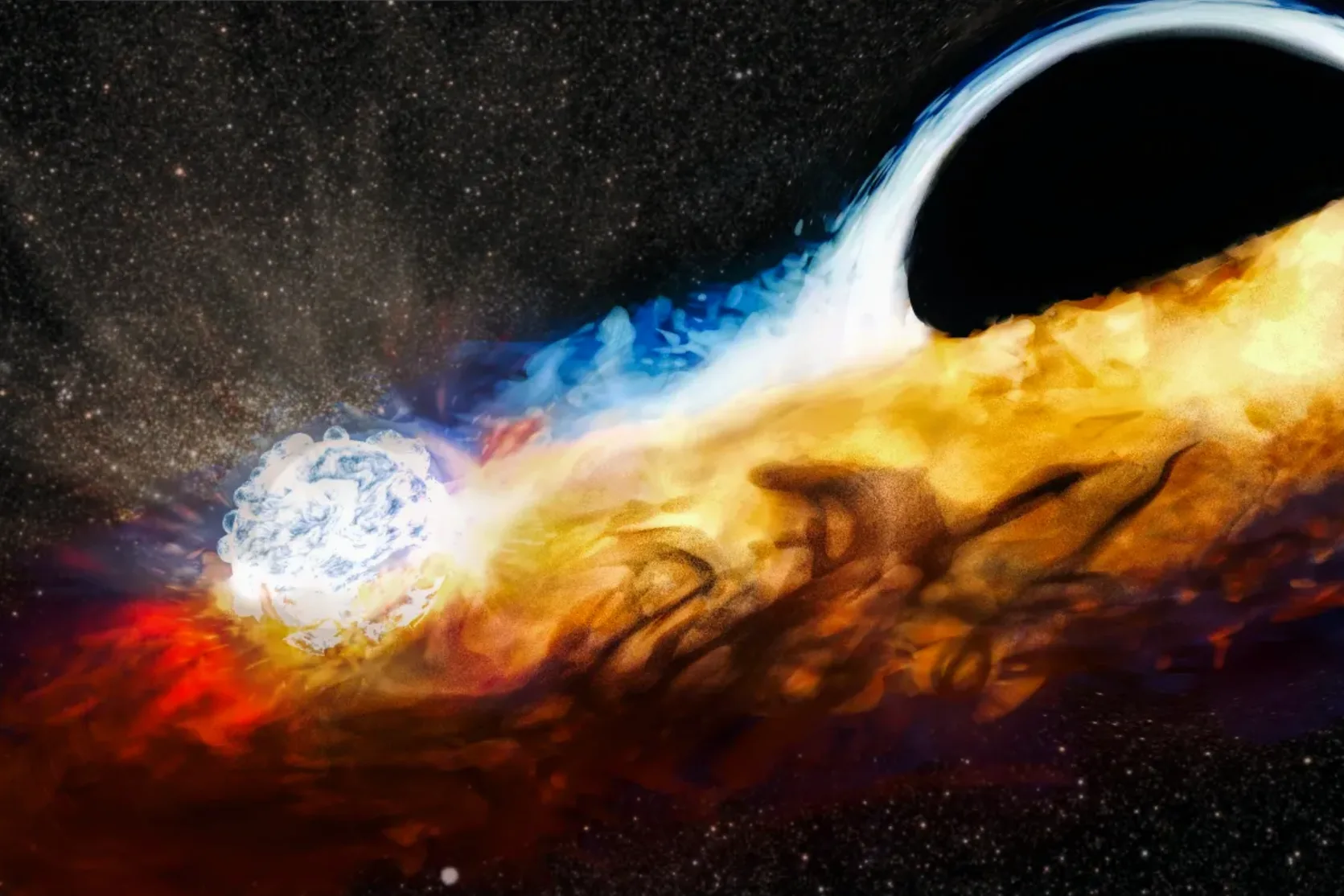 High-resolution image of a black hole interacting with a nearby star, emitting energy in space, published by The Independent.