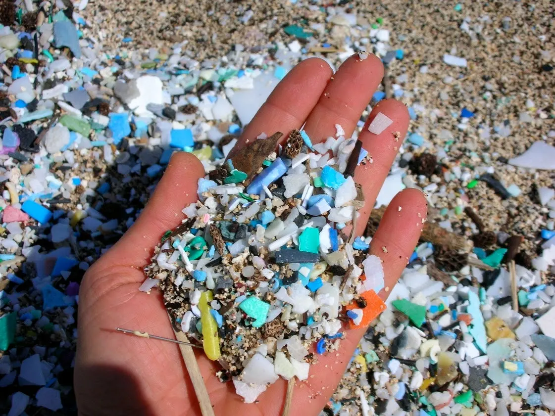 Microscopic view of plastic fragments in water, illustrating the hidden presence of nanoplastics in everyday bottled water products.