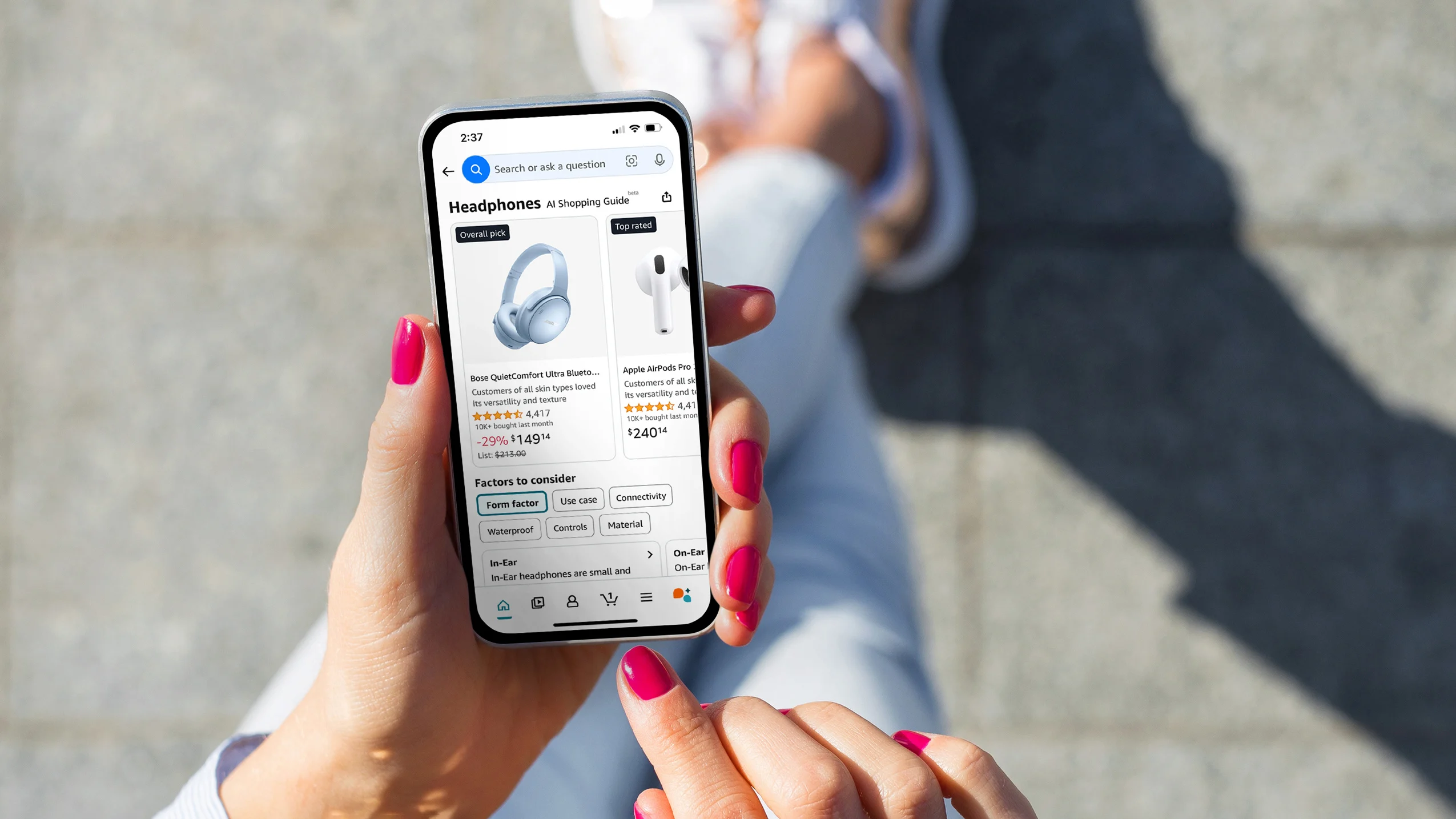 Lifestyle image highlighting the customer experience element of Amazon's AI shopping tools.