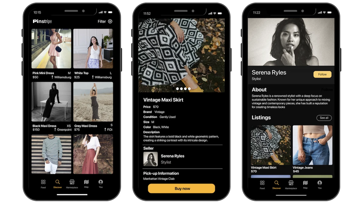 Visual of the Pinstripe mobile app demonstrating user experience on mobile devices for secondhand sales.