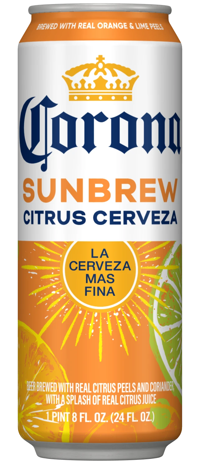 Detailed product image of a 24oz Corona Sunbrew can with blue and yellow design, signaling freshness and energy, ideal for individual consumption.