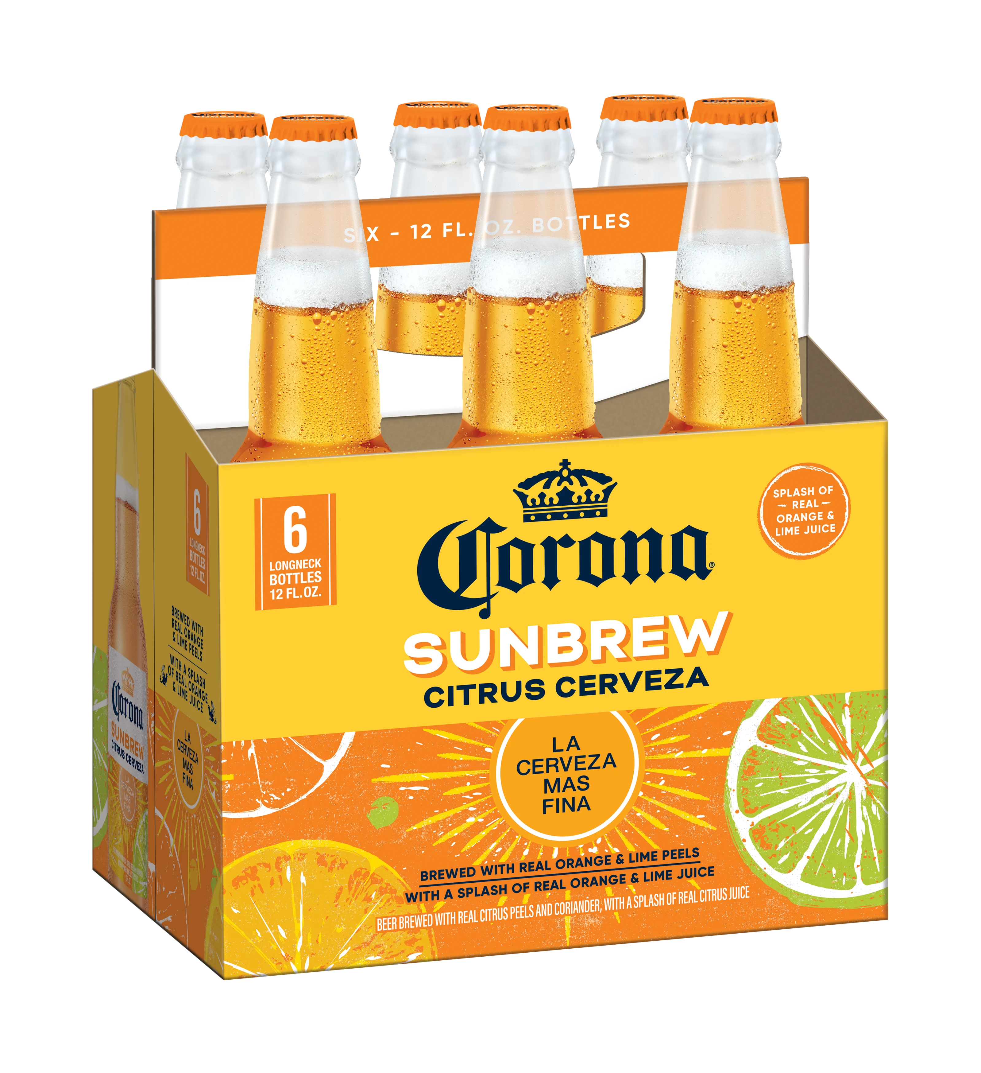 Angled view of a 6-pack of Corona Sunbrew, presenting minimalist styling and vibrant colors to appeal to a youthful demographic during spring break.