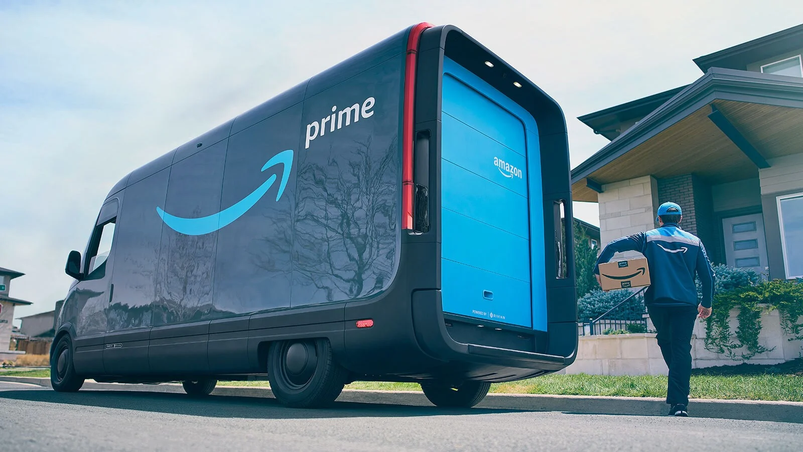 Image shows a close-up of an Amazon package being delivered in a rural setting, emphasizing the local reach of their logistics network.