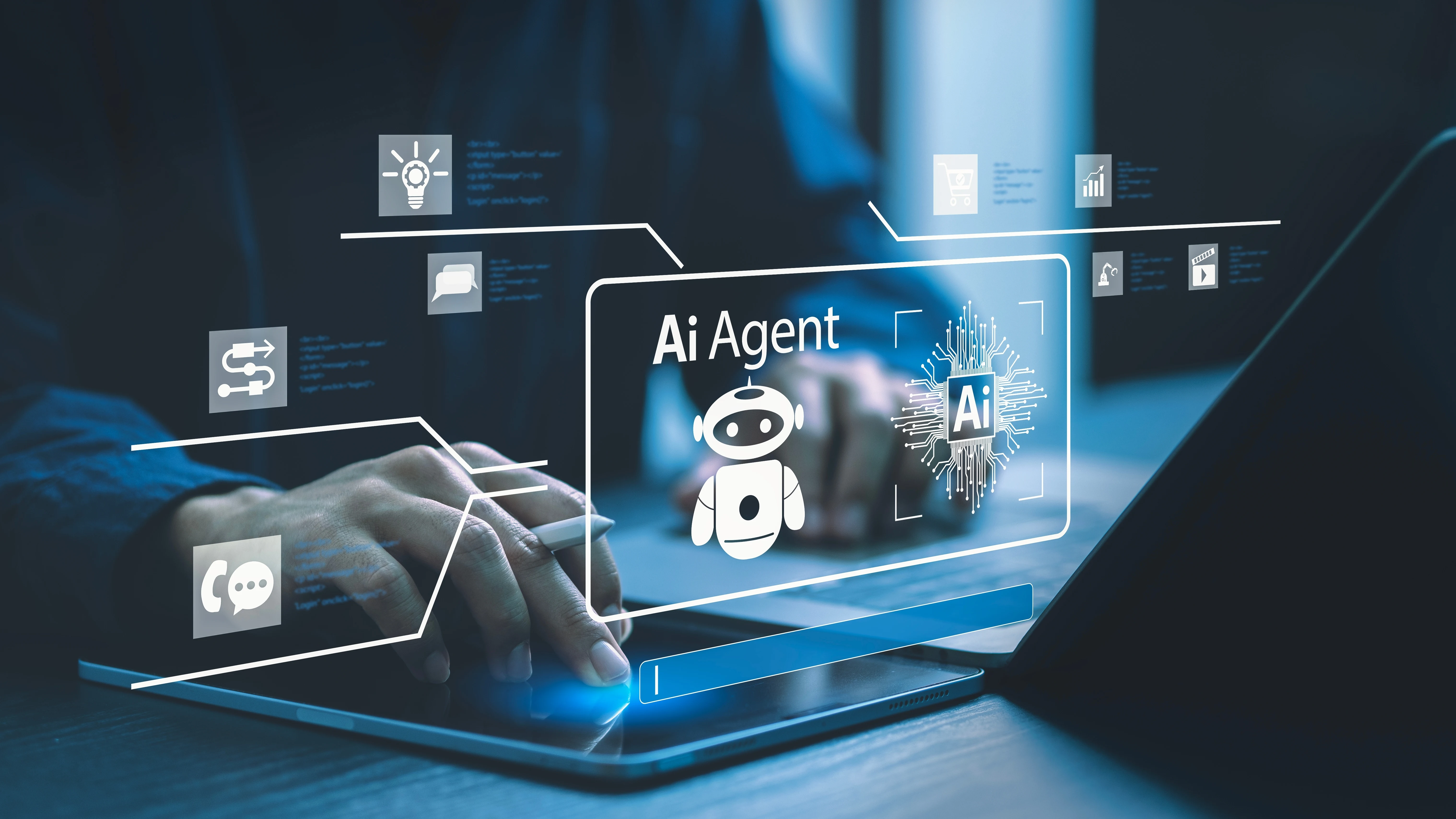High-resolution photo of abstract AI and data visuals signifying technological integration