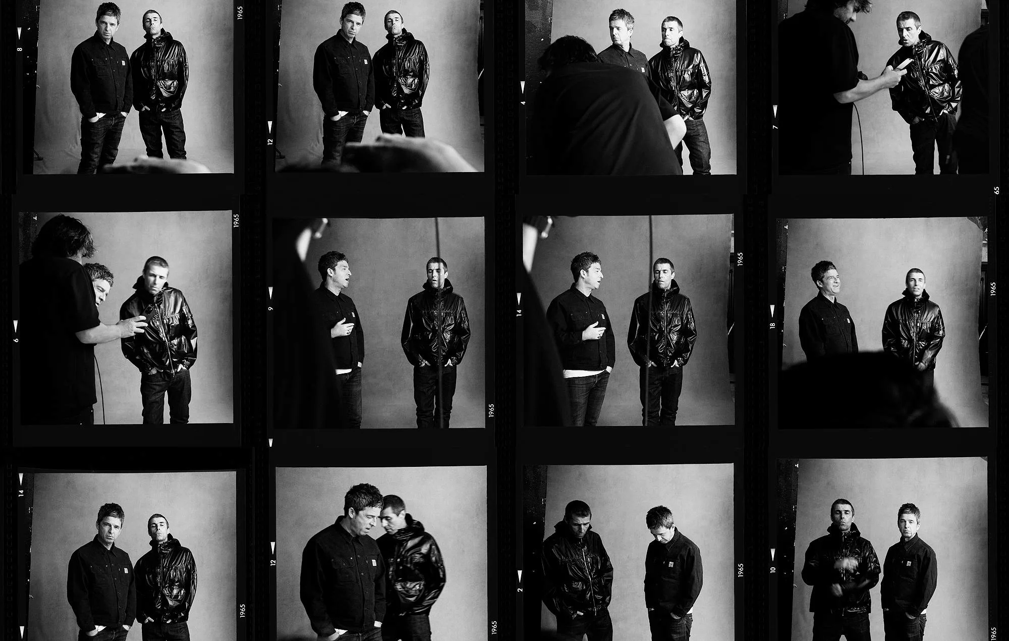 Stylish black-and-white promotional image of Oasis ahead of their 2025 reunion tour, featuring artistic composition by Simon Emmett.
