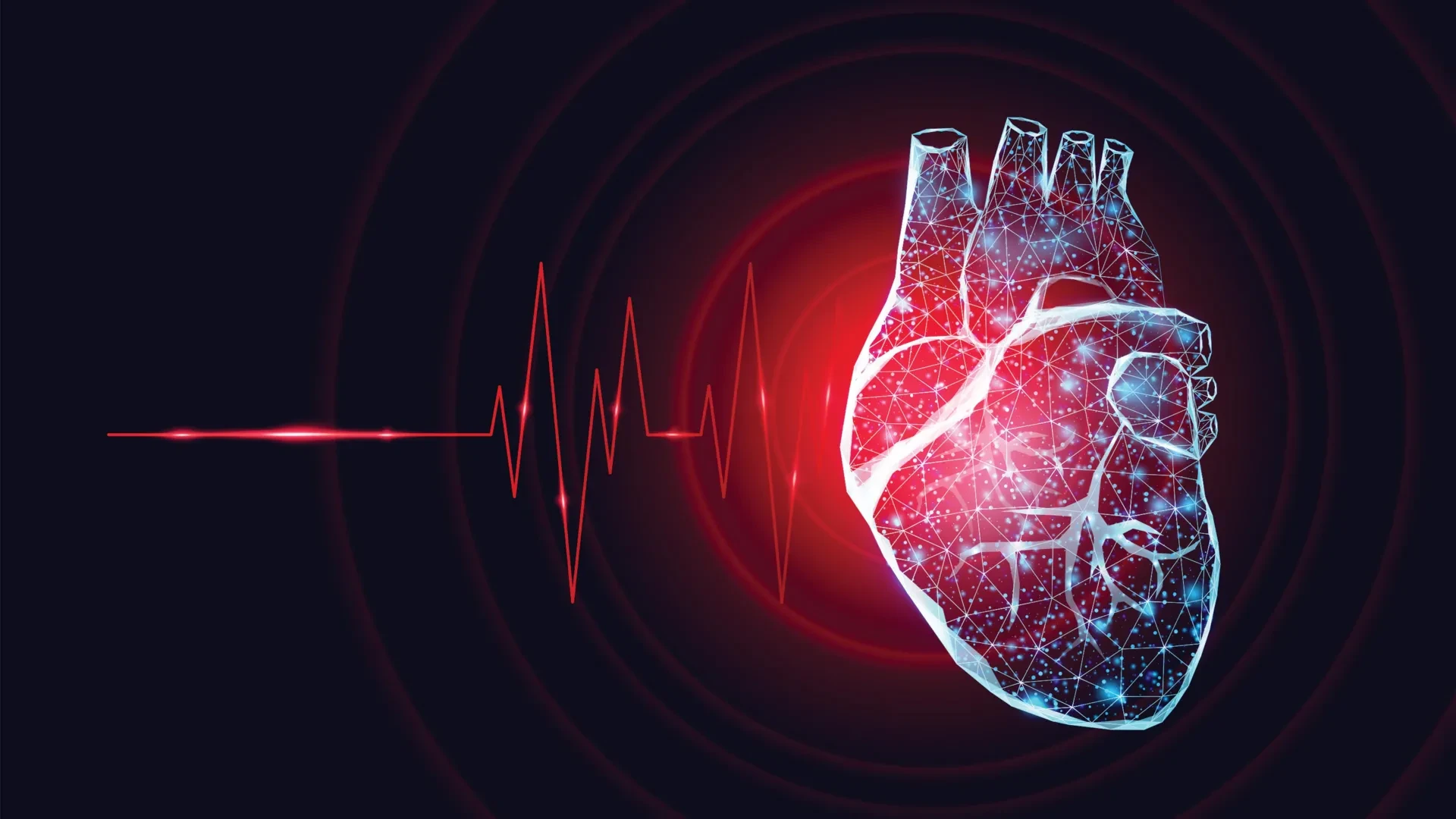 Computer-generated wireframe image representing heart health and cardiology technologies.