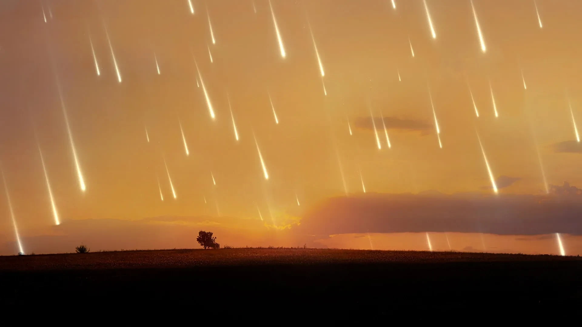 A vivid fireball streaks across a sunset-lit sky during a meteor shower, capturing the brilliance and dramatic contrast of the Taurid meteors against the evening glow.