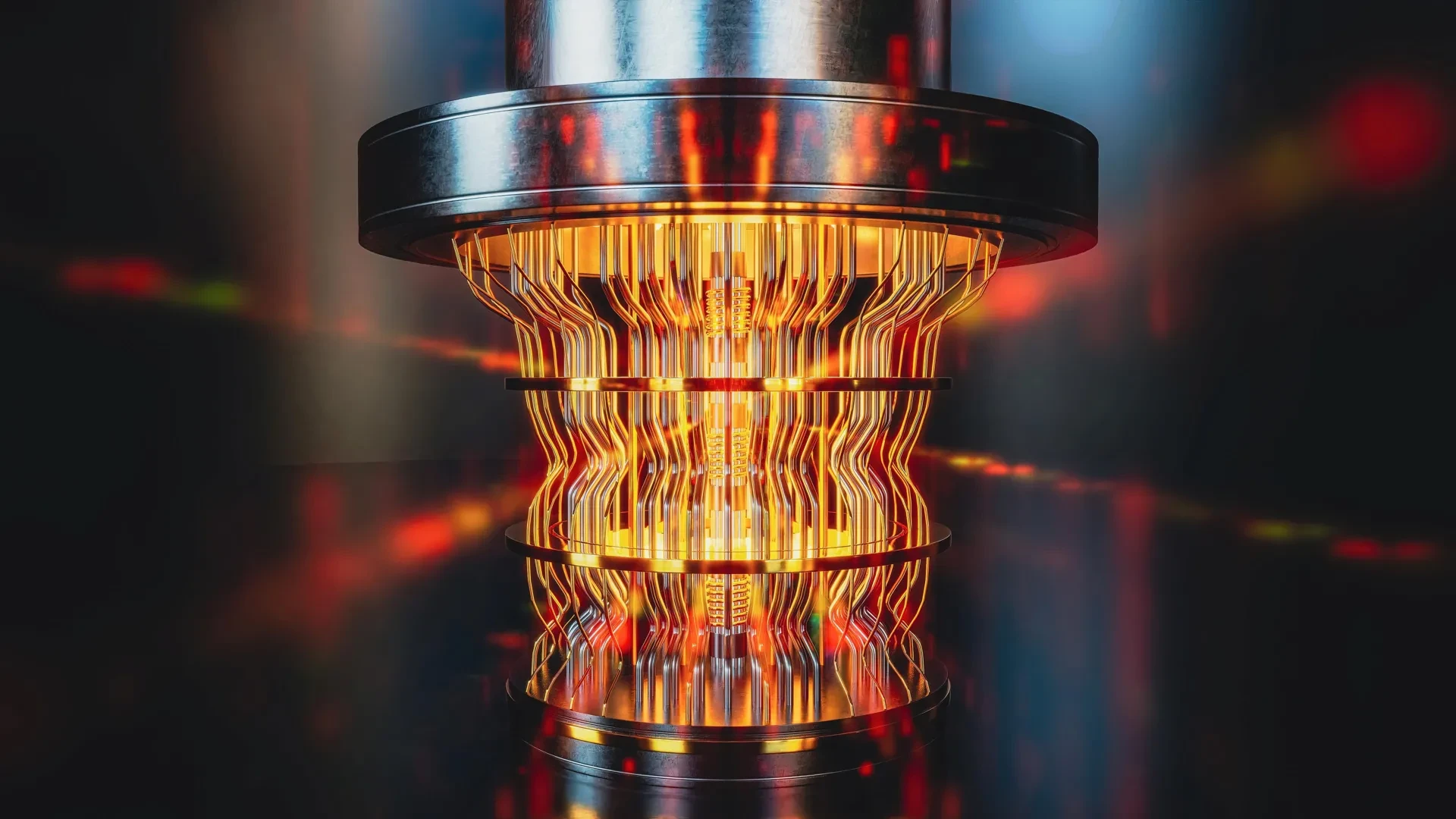A high-resolution, futuristic rendering of a glowing quantum computer system, visually representing advanced quantum technology.
