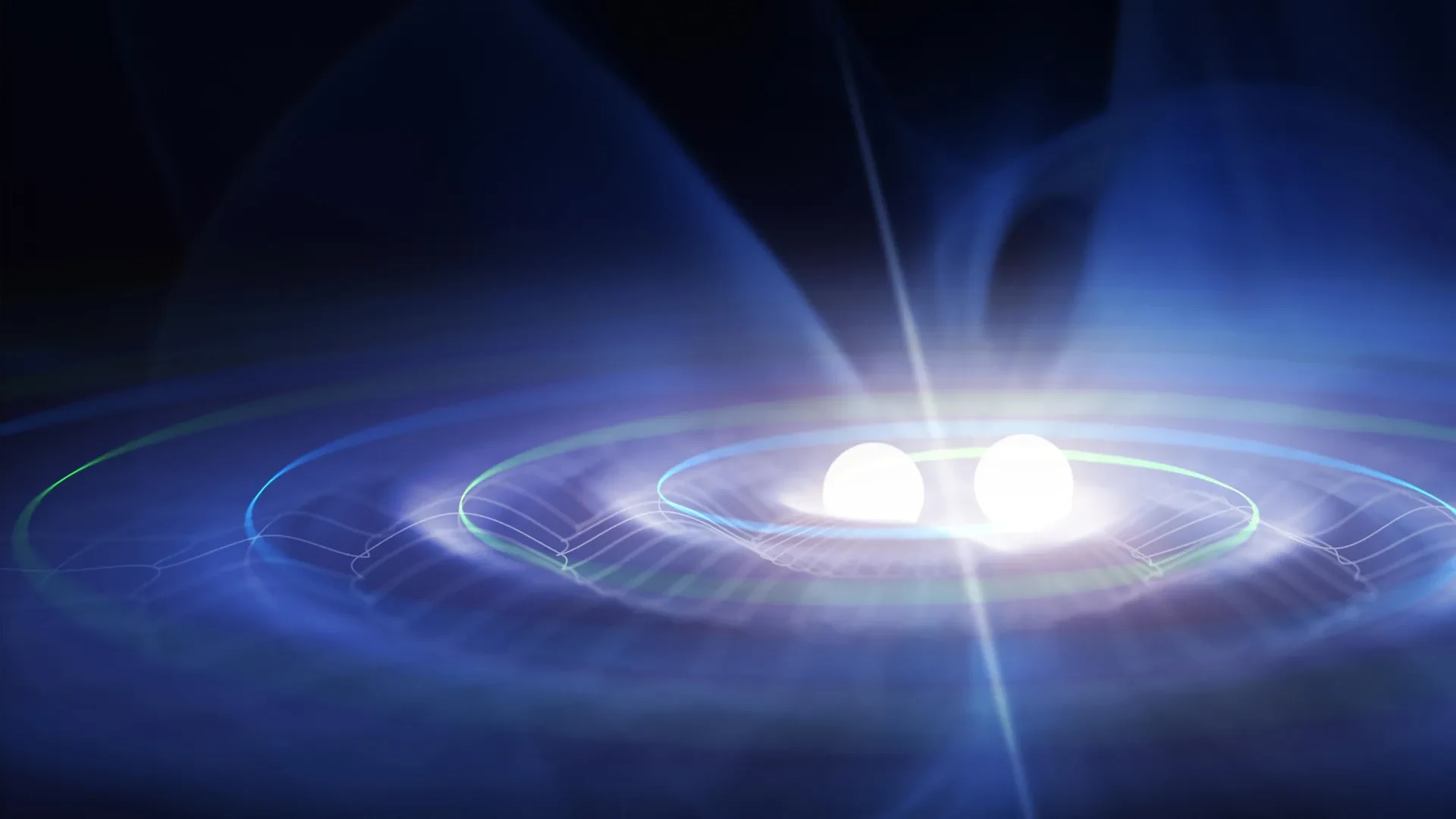 Visualization showing gravitational waves emitted from a binary star system, representing wave propagation in space.