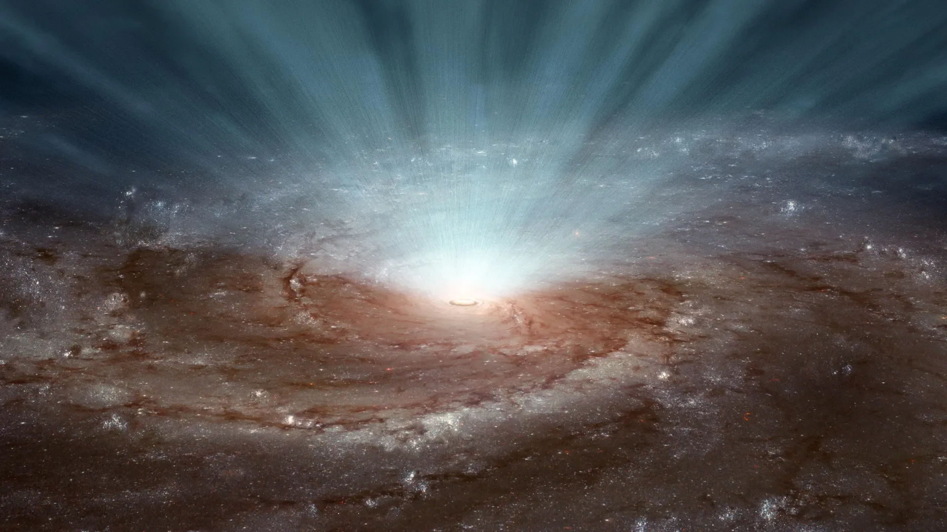 Visualization of black hole winds demonstrating how powerful jets and outflows may interact with surrounding matter, possibly producing the universe's most energetic particles.