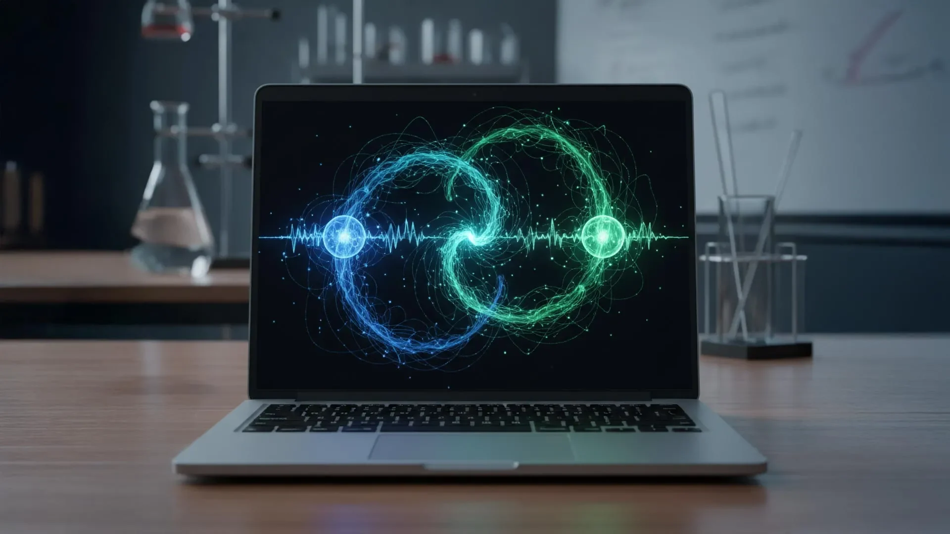 High-quality conceptual image representing quantum dynamics simulation on a laptop, suitable for science and technology news articles