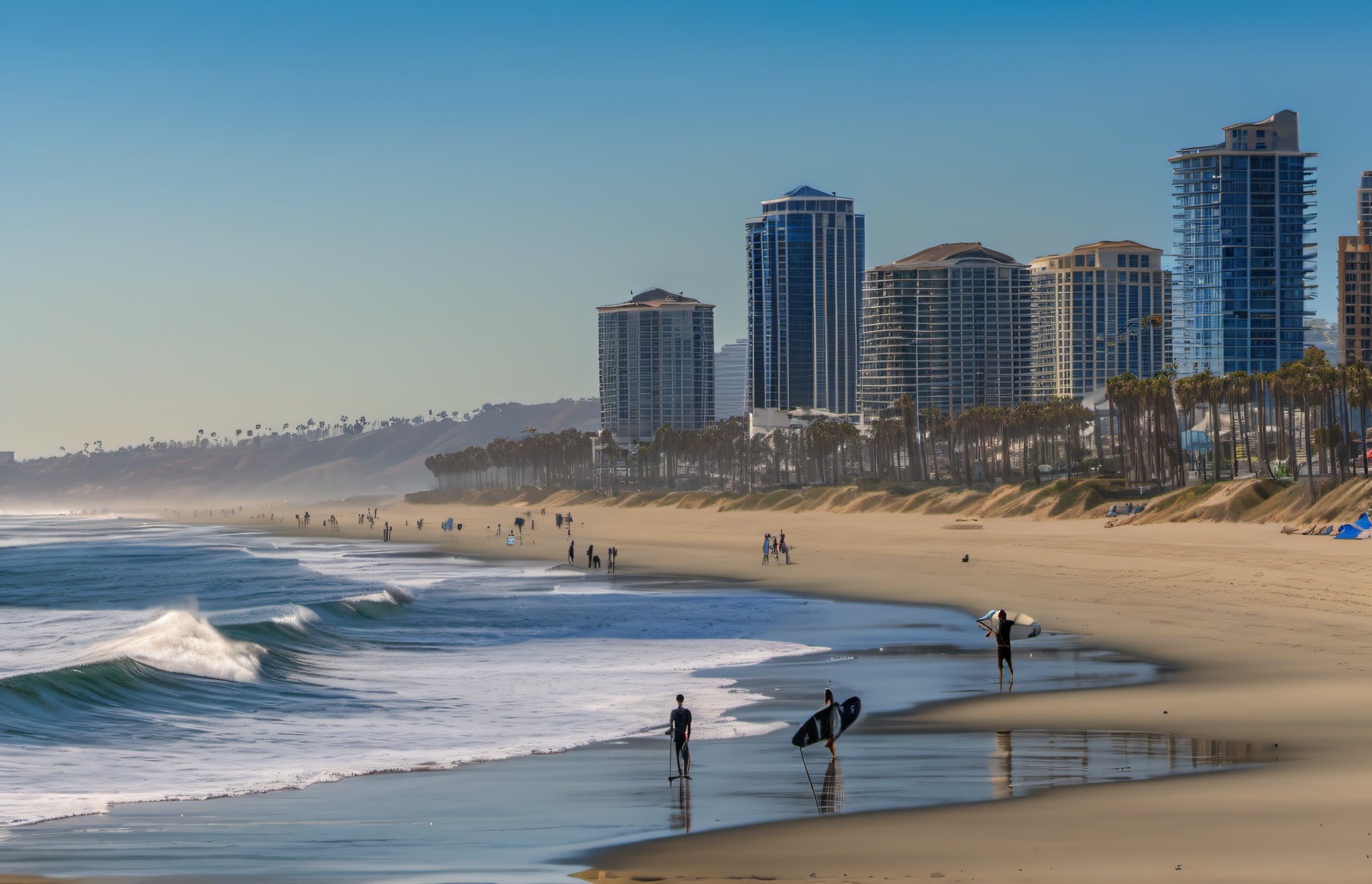 San Diego beach with surfers