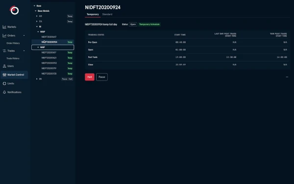 Screenshot of a market control page