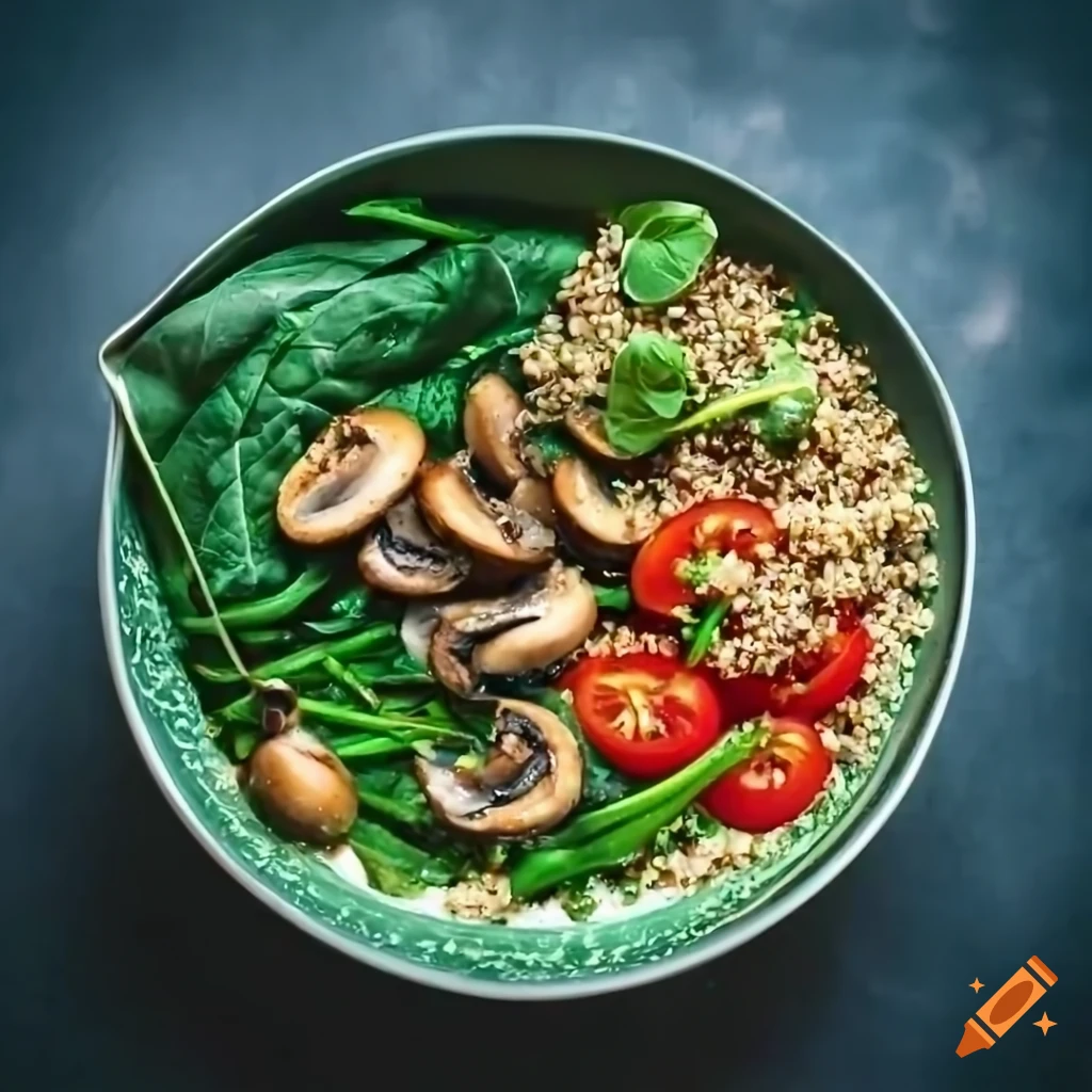 Mushroom and Spinach Pesto Quinoa Bowl