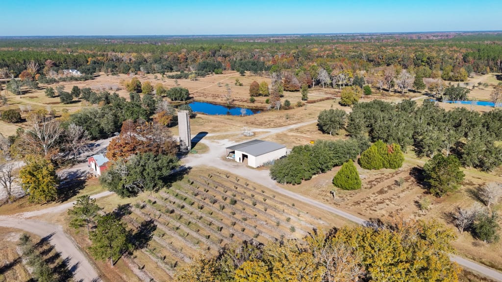 Aerial view of a rural farm with a barn, silo, tree-lined fields, dirt roads, and ponds surrounded by woodland under a clear blue sky.