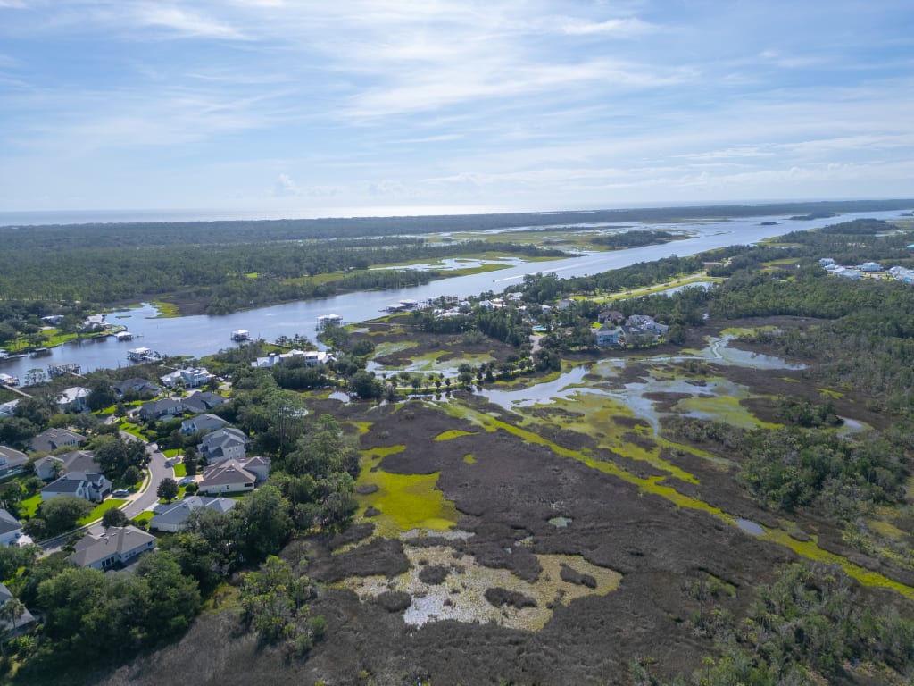 Aerial view of a coastal wetland area with winding waterways, green marshes, scattered houses, and a distant horizon under a partly cloudy sky.