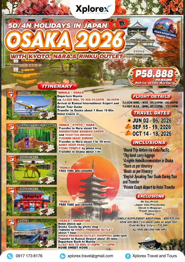 Osaka — Capture Japan's beauty at two of Kansai's most photogenic spots – included in your Xplorex Travel & Tours itinerary! 🏛️🌉 promotional poster