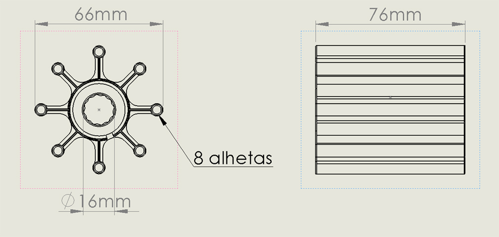 Dimensões de ROTOR B.DÁGUA Eixo:16mm Diam:65mm Comp:76mm Alhe:08; D6(ANTIGO); D9; 4.2MERCR.; MB; CAT; MAN