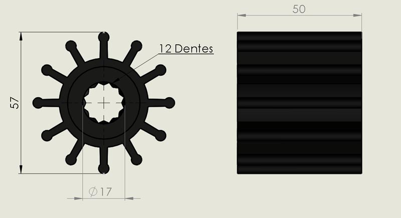 Dimensões de ROTOR B.DÁGUA EIXO16mm 57-50mm 12 ALH AQ271;740 AQB41ANTIGO (ESTRIADO)