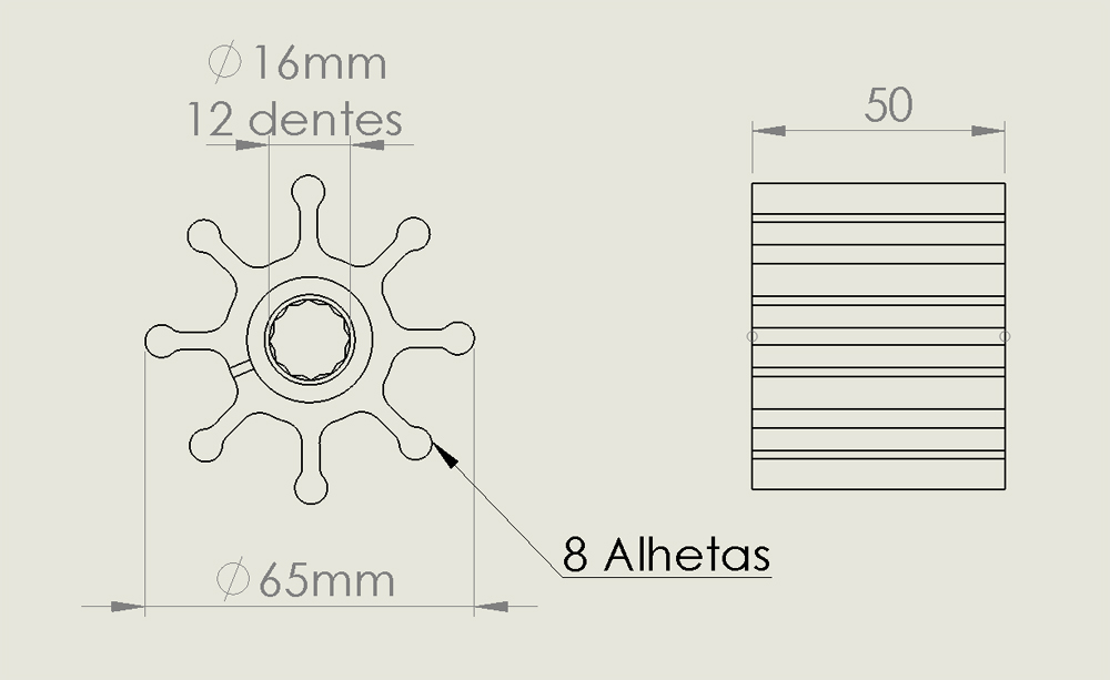 Dimensões de ROTOR B.DÁGUA EIXO16mm 65-50mm 08 ALH D40;41;42;43;44;300 (ESTRIADO)