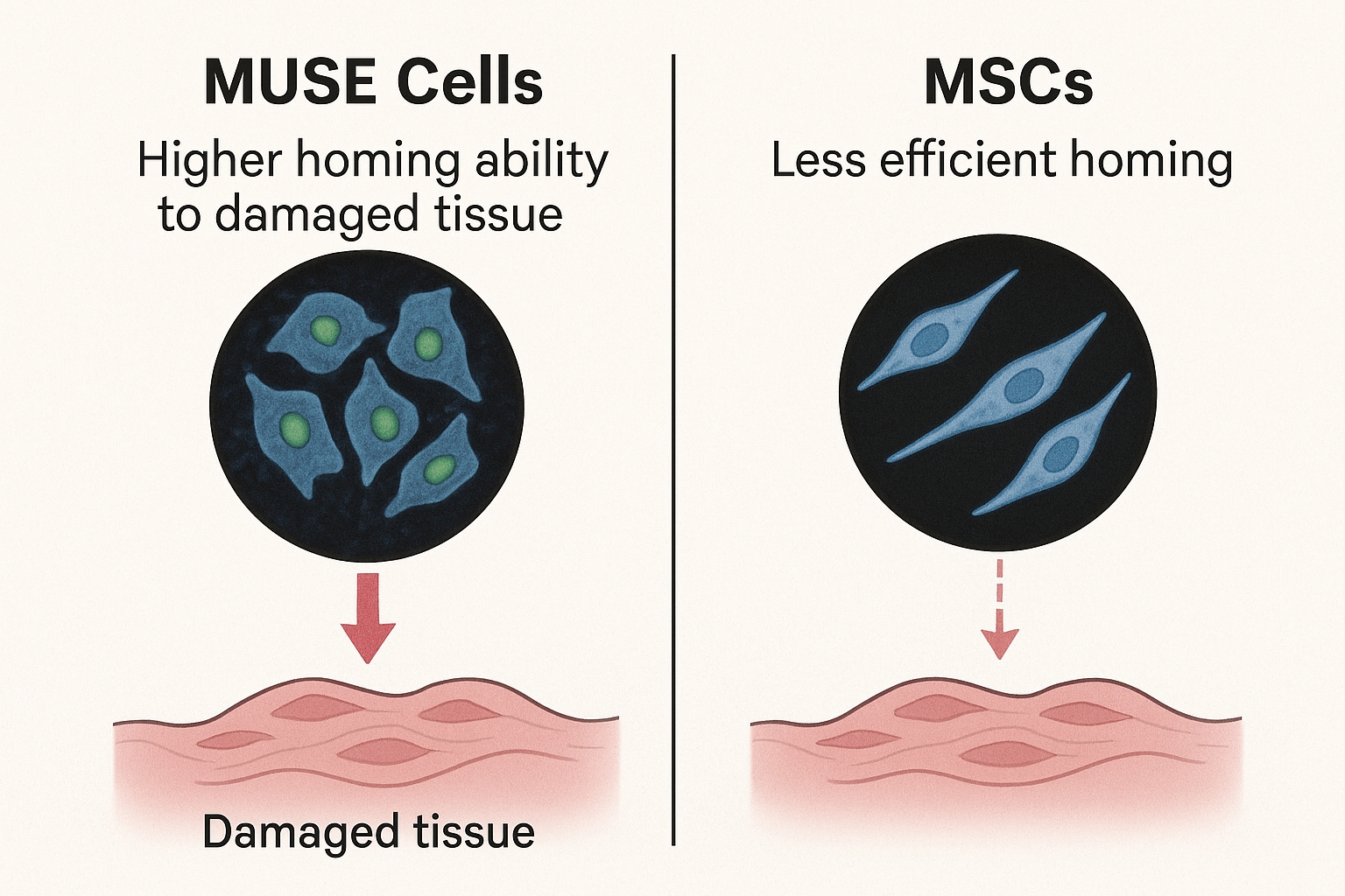 Comparison between MUSE cells and MSCs showing their different homing abilities and cellular characteristics