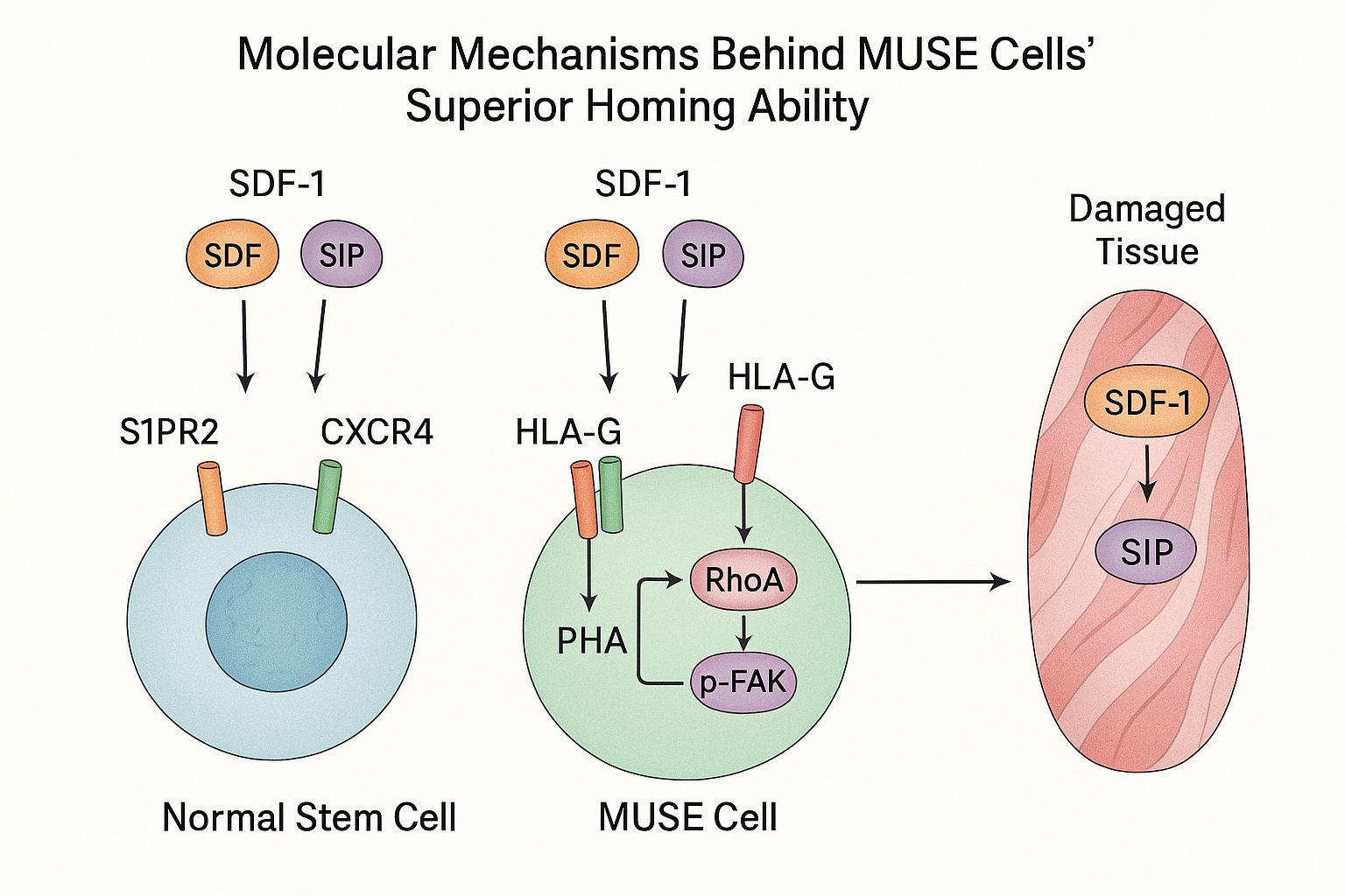 MUSE cells homing to injured spinal cord tissue, showing glowing stem cells migrating through bloodstream to damaged neural tissue