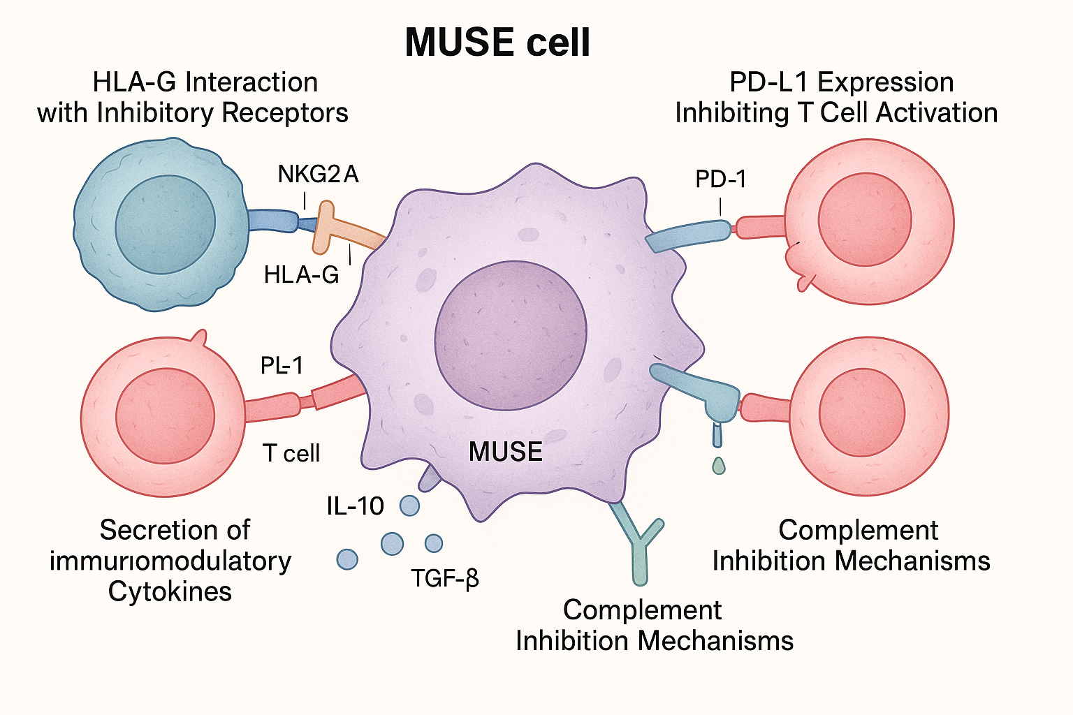 MUSE cells escaping immune recognition, showing MUSE cells with HLA-G expression evading immune cells while regular stem cells are being attacked