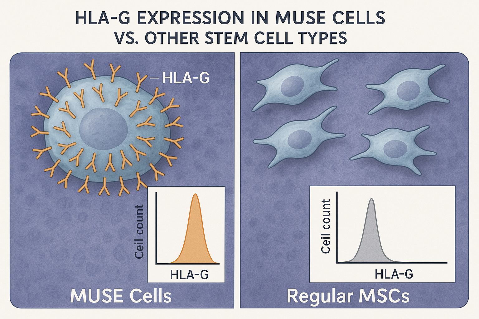 Molecular illustration showing immune evasion mechanisms of MUSE cells including HLA-G interaction, PD-L1 expression, and cytokine secretion