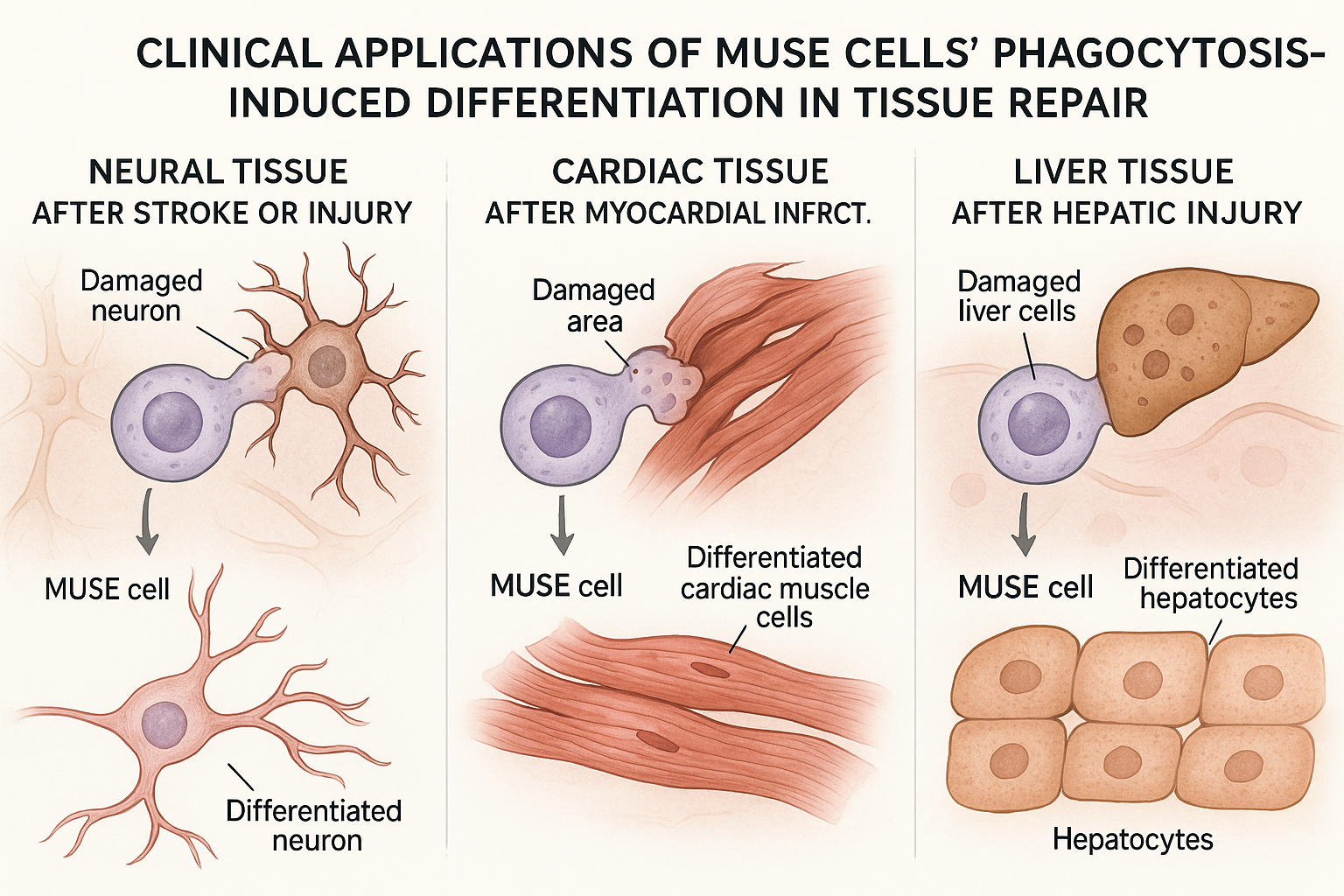 Molecular mechanisms of MUSE cell phagocytosis showing receptors, cytoskeletal rearrangement, and signaling pathways