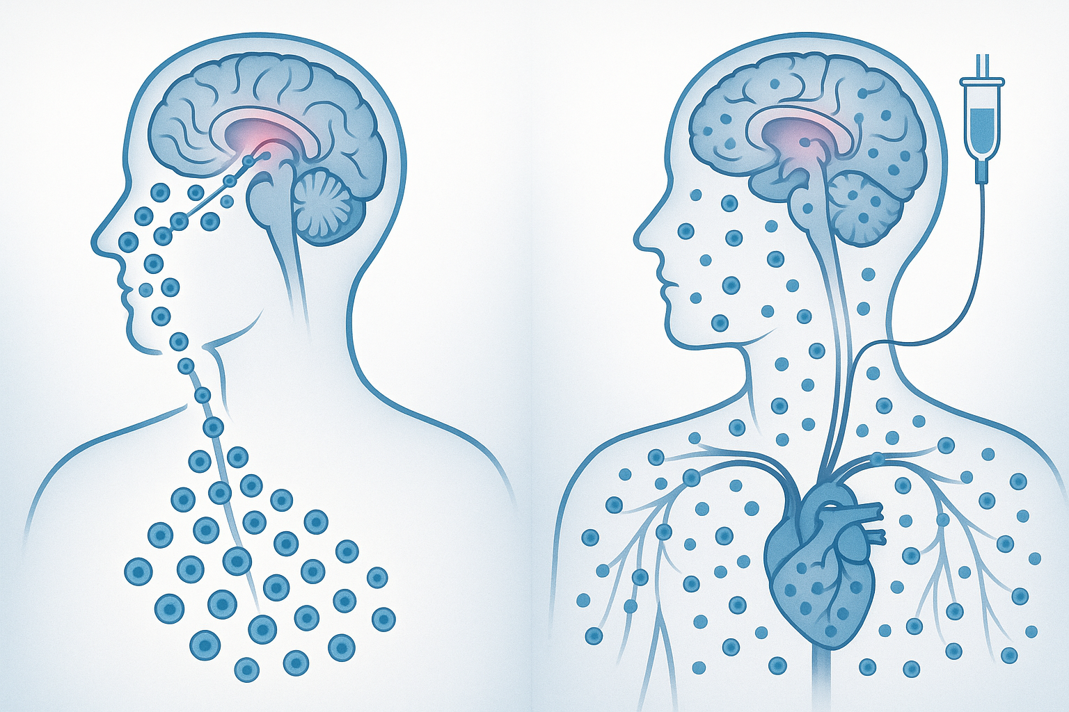 Clinical application of nasal MUSE cell delivery showing administration, positioning, and therapeutic timeline
