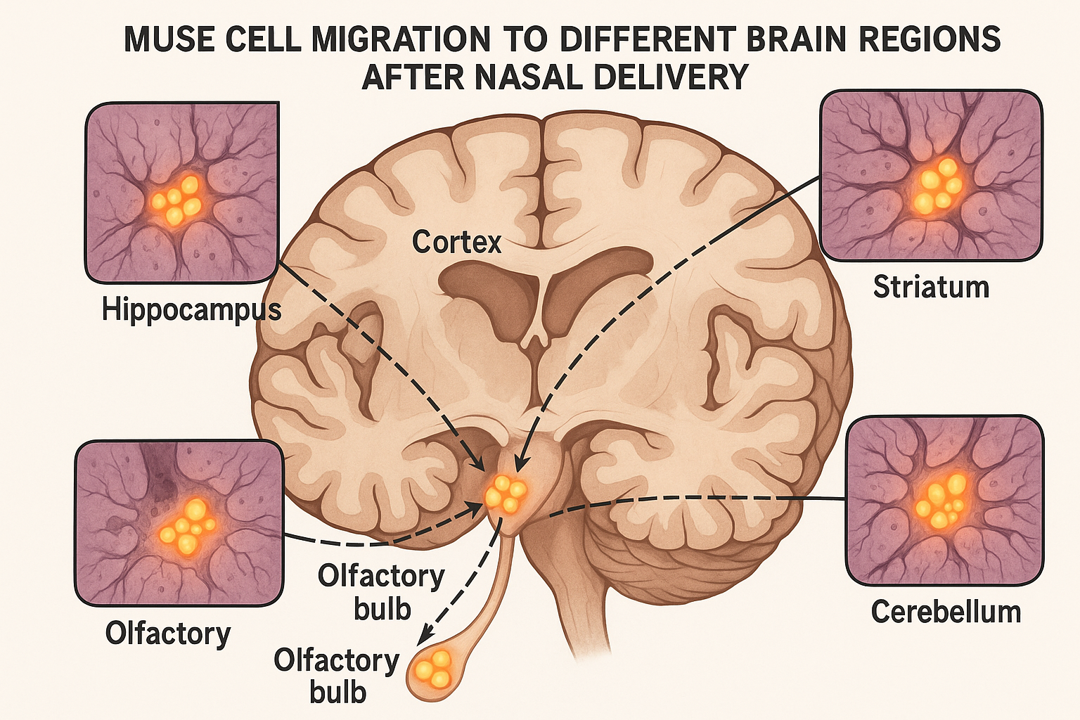 Comparison of nasal versus intravenous delivery routes for MUSE cells showing efficiency differences